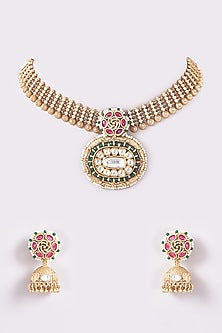 Gold Finish Kundan Polki Floral Temple Choker Necklace Set