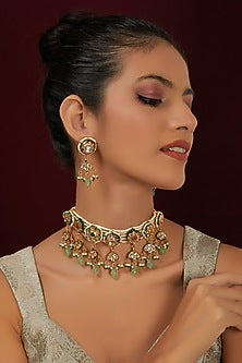 Gold Finish Kundan Polki Meenakari Choker Necklace Set