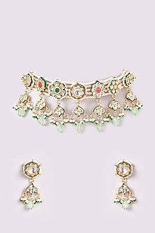 Gold Finish Kundan Polki Meenakari Choker Necklace Set