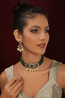 Gold Finish Kundan Polki & Emerald Stone Choker Necklace Set