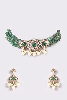 Gold Finish Kundan Polki & Emerald Stone Choker Necklace Set