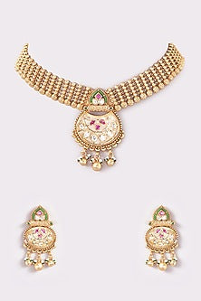Gold Finish Kundan Polki Temple Choker Necklace Set