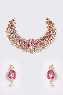 Gold Finish Pink & Green Kundan Polki Temple Choker Necklace Set