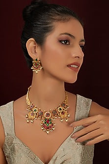 Gold Finish Temple Floral Choker Necklace Set