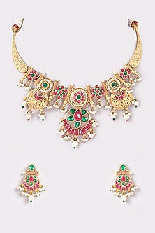 Gold Finish Temple Floral Choker Necklace Set