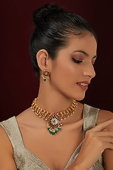 Gold Finish Temple Peacock Choker Necklace Set