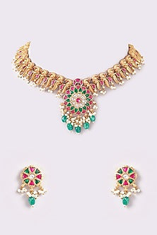 Gold Finish Temple Peacock Choker Necklace Set