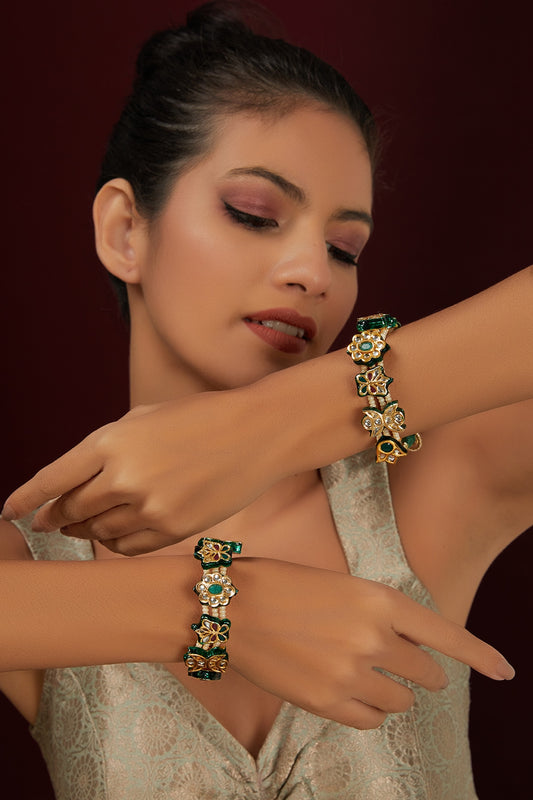 Gold Finish Kundan Polki Meenakari Bangle (Set of 2)