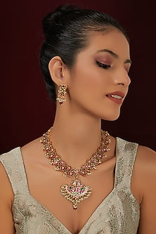 Gold Finish Pink & Green Kundan Polki Temple Long Necklace Set