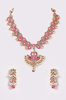 Gold Finish Pink & Green Kundan Polki Temple Long Necklace Set