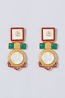 Gold Finish Red & Green Semi Stone Dangler Earrings
