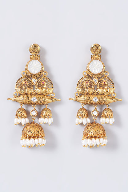 Antique Gold Finish Pearl Jhumka Earrings