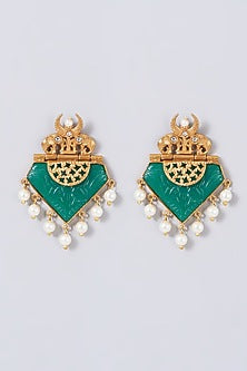 Gold Finish Green Semi Precious Stone & Pearl Dangler Earrings