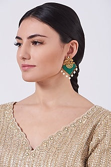 Gold Finish Green Semi Precious Stone & Pearl Dangler Earrings