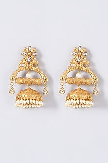 Gold Finish Pearl & Semi Precious Stone Jhumka Earrings