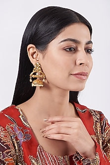 Gold Finish Pearl & Semi Precious Stone Jhumka Earrings