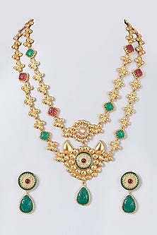 Antique Gold Finish Semi Precious Stones Long Necklace Set
