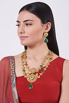 Antique Gold Finish Semi Precious Stones Long Necklace Set