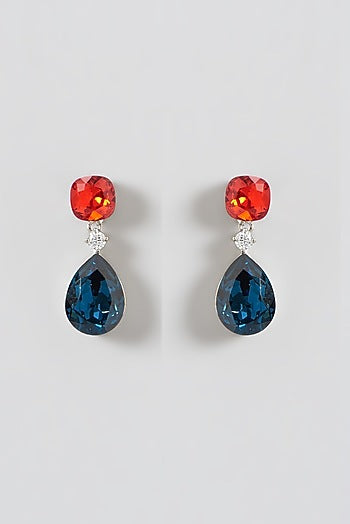 White Finish Blue & Red Diamond Dangler Earrings