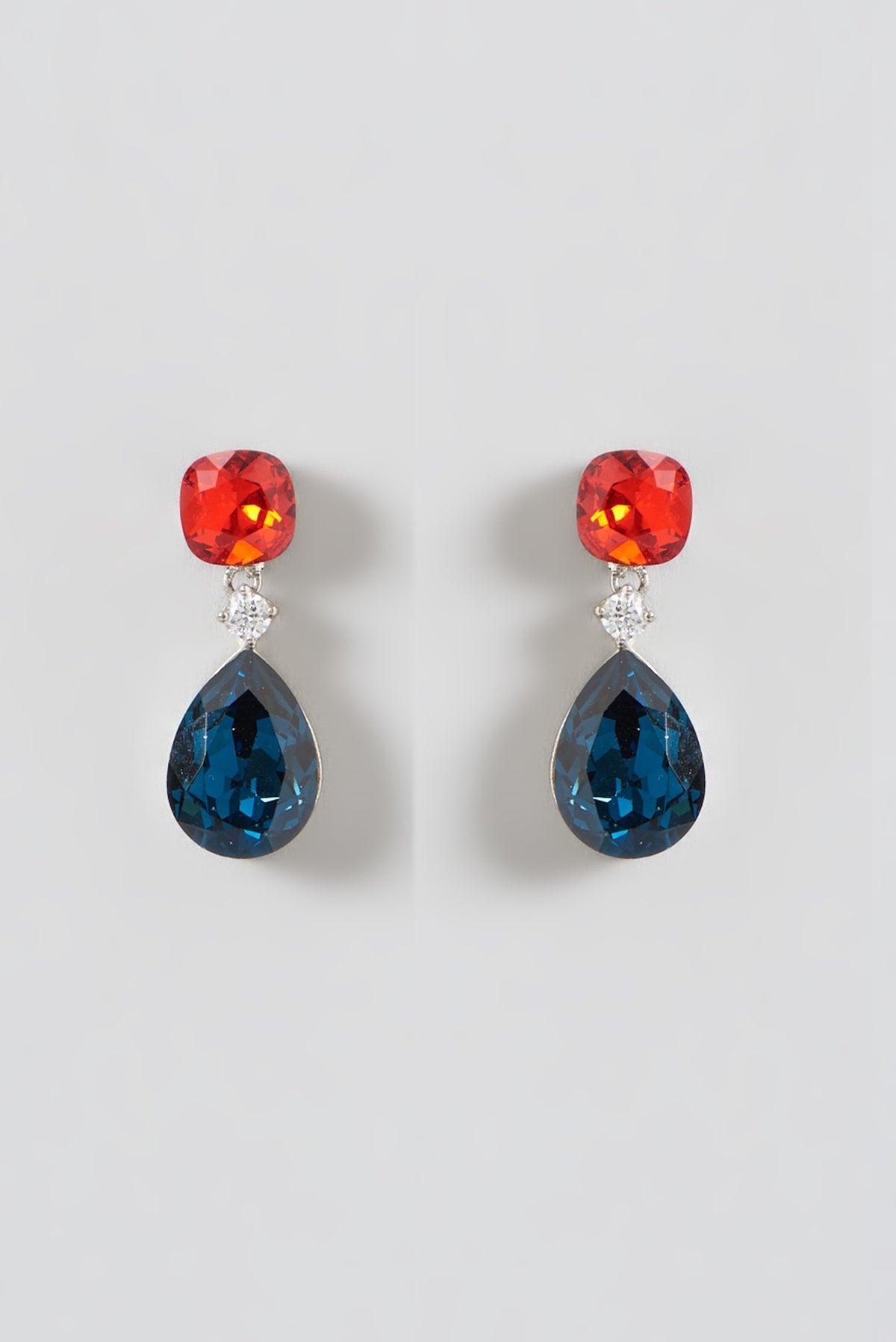 White Finish Blue & Red Diamond Dangler Earrings