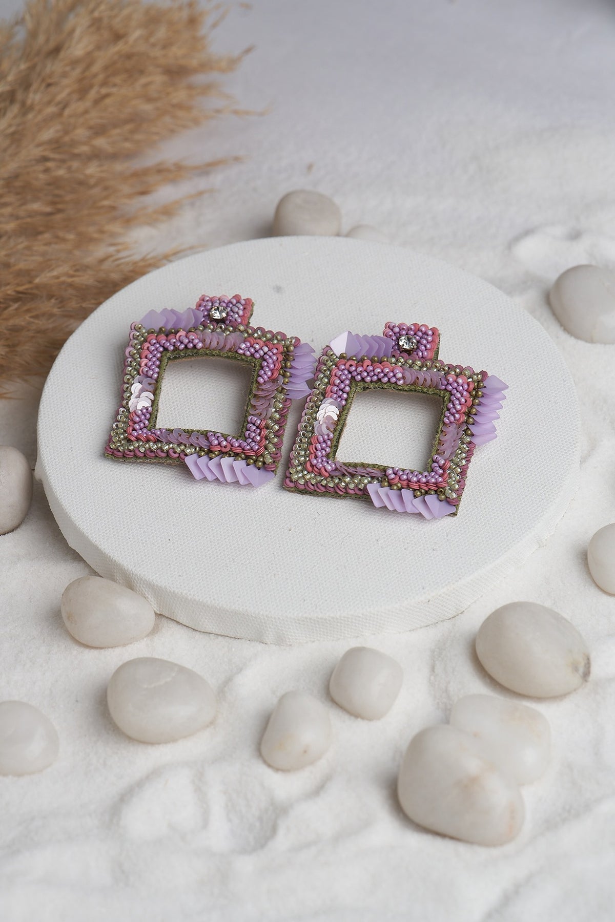 Lavender Beaded Square Earrings