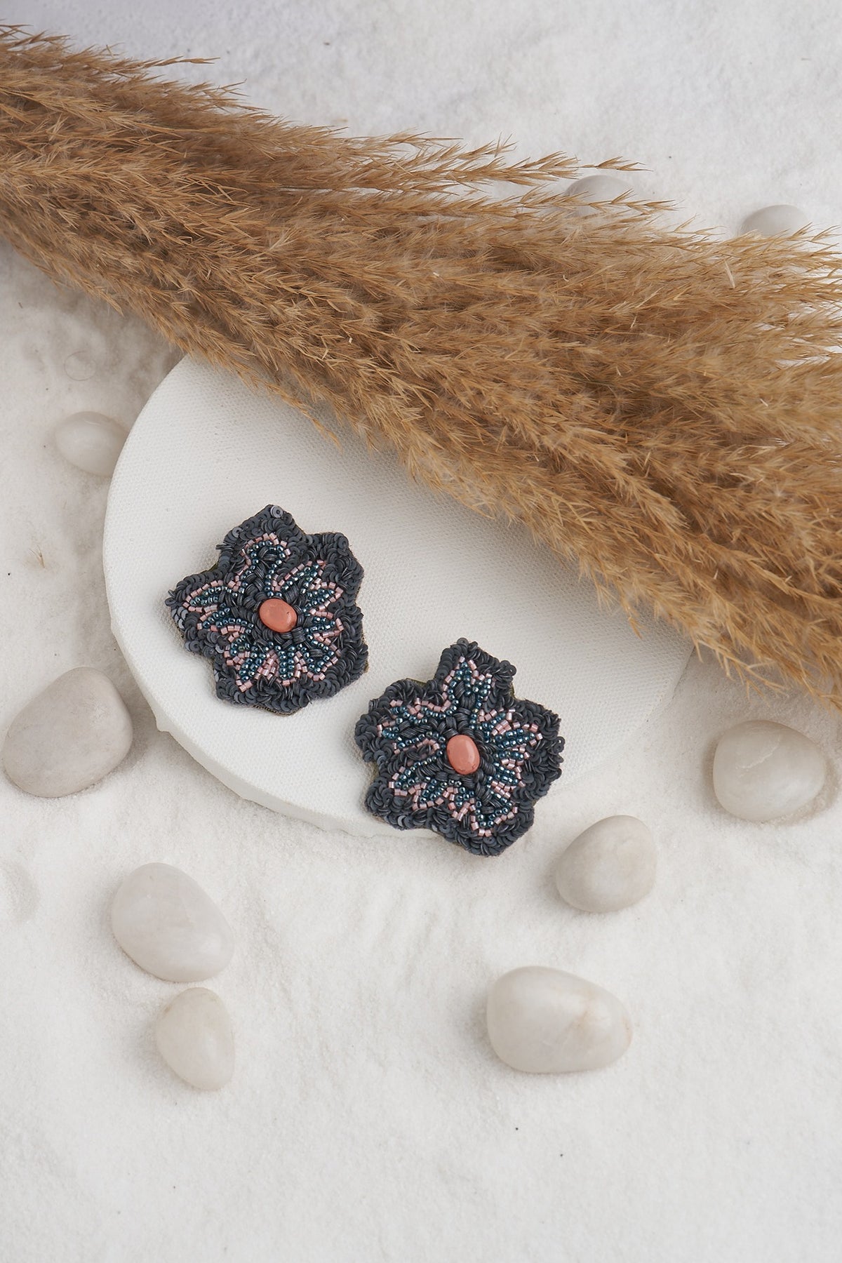 Grey Beaded Dangler Earrings
