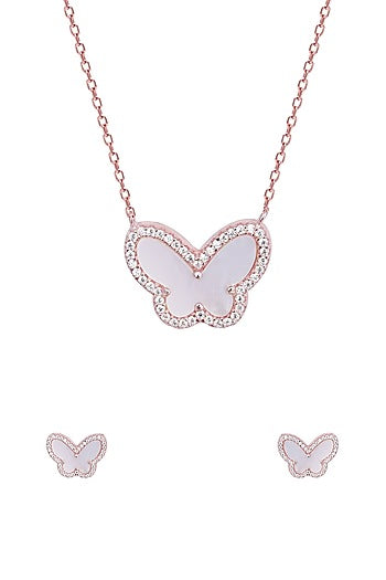 Rose Gold Zircon Butterfly Necklace Set In Sterling Silver