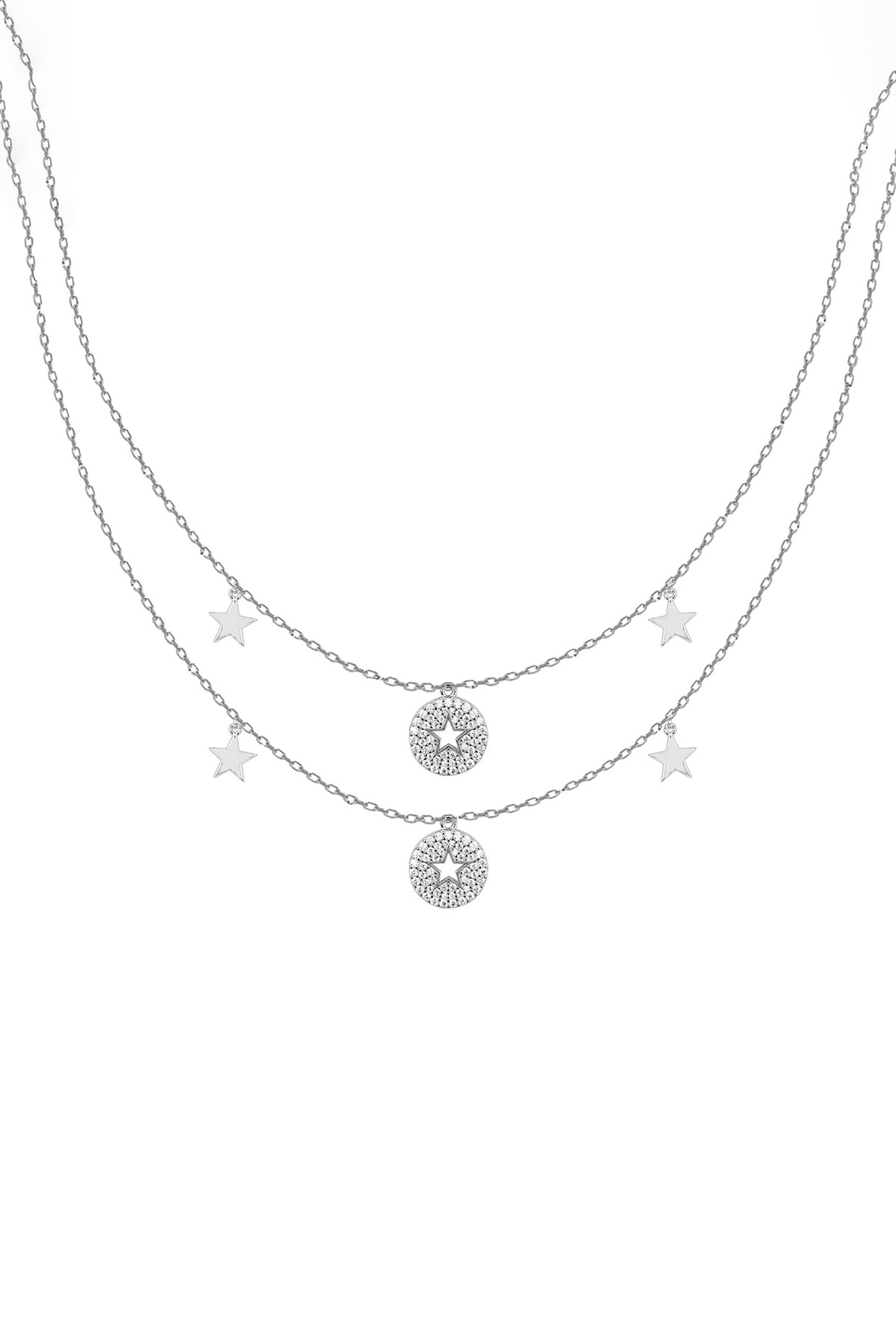 White Zircon Layered Chain Necklace In Sterling Silver