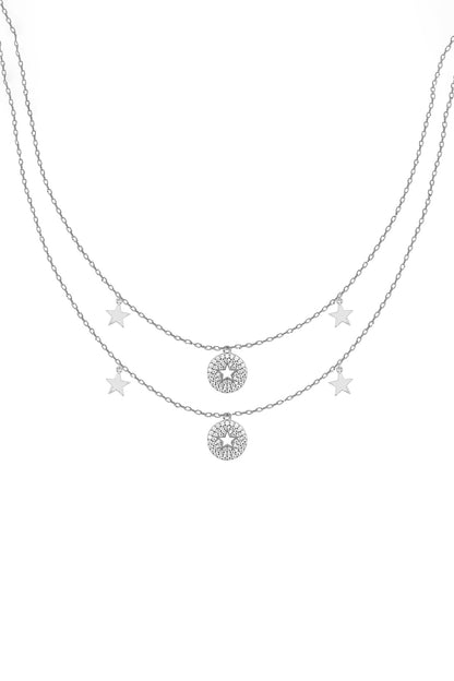 White Zircon Layered Chain Necklace In Sterling Silver