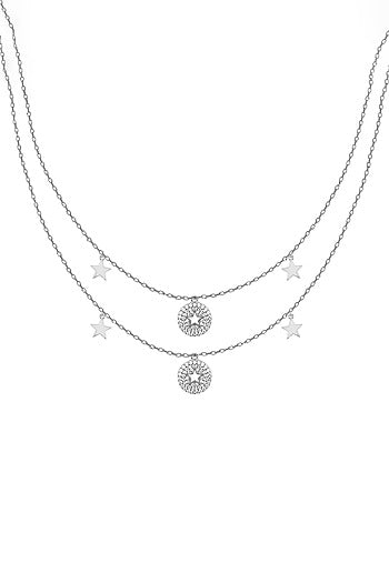 White Zircon Layered Chain Necklace In Sterling Silver