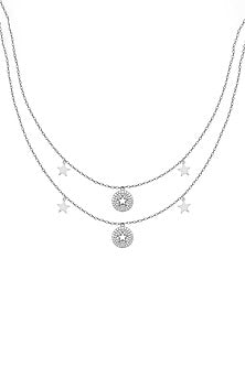 White Zircon Layered Chain Necklace In Sterling Silver