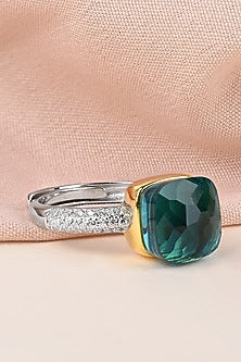 Gold Finish Green Stone & Zircon Pendant Set In Sterling Silver