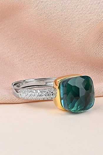 Gold Finish Green Stone & Zircon Pendant Set In Sterling Silver