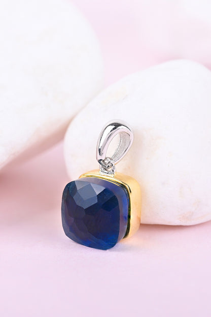 Gold Finish Midnight Blue Stone & Zircon Pendant Set In Sterling Silver