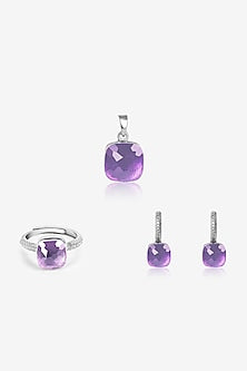 Purple Stone & Zircon Pendant Set In Sterling Silver