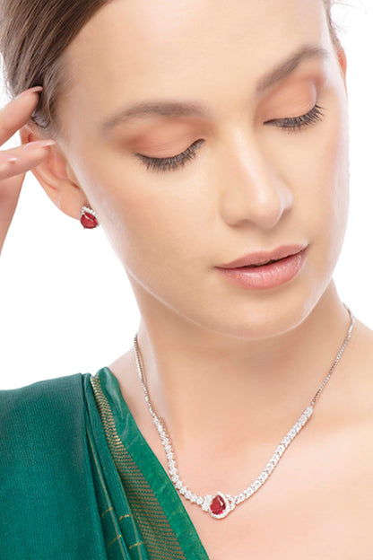 Silver Finish Cubic Zirconia & Red Stone Necklace Set In Sterling Silver