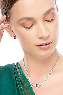 Silver Finish Cubic Zirconia & Red Stone Necklace Set In Sterling Silver