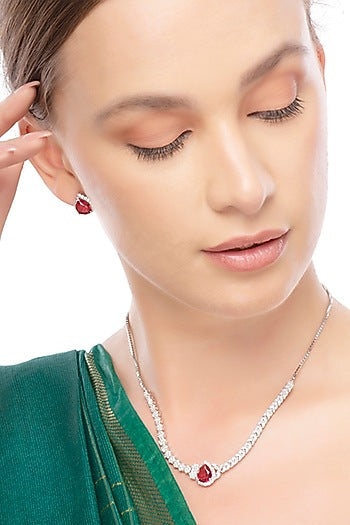 Silver Finish Cubic Zirconia & Red Stone Necklace Set In Sterling Silver