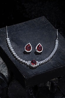 Silver Finish Cubic Zirconia & Red Stone Necklace Set In Sterling Silver
