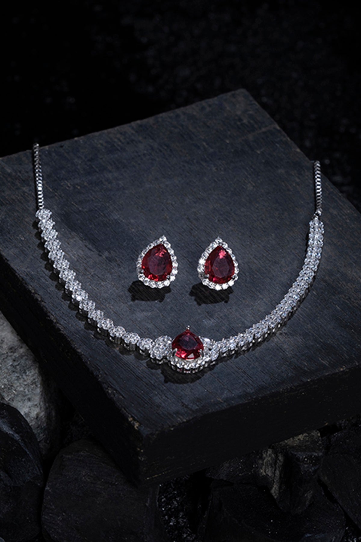 Silver Finish Cubic Zirconia & Red Stone Necklace Set In Sterling Silver
