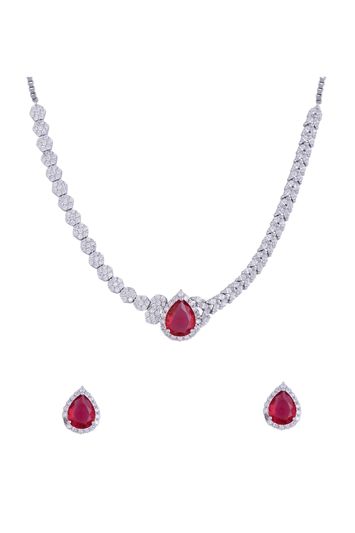 Silver Finish Cubic Zirconia & Red Stone Necklace Set In Sterling Silver