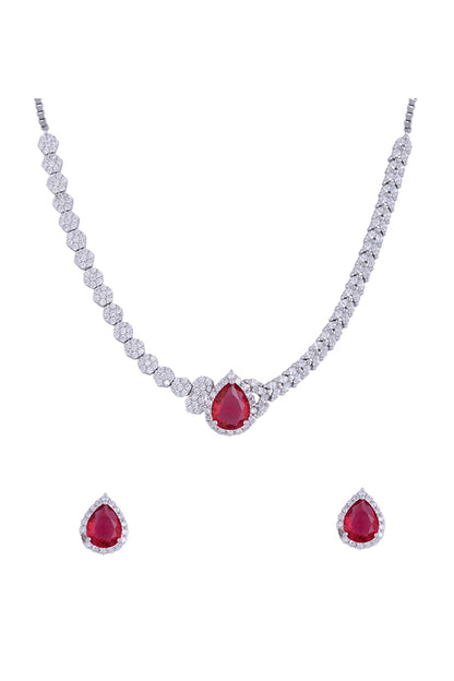 Silver Finish Cubic Zirconia & Red Stone Necklace Set In Sterling Silver