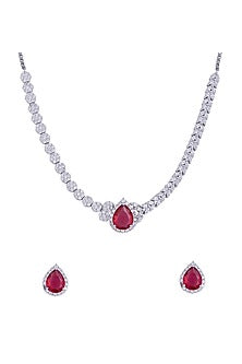 Silver Finish Cubic Zirconia & Red Stone Necklace Set In Sterling Silver