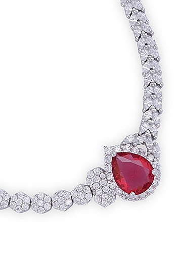 Silver Finish Cubic Zirconia & Red Stone Necklace Set In Sterling Silver