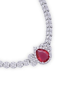 Silver Finish Cubic Zirconia & Red Stone Necklace Set In Sterling Silver