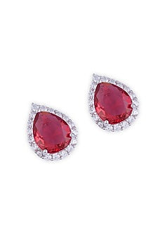 Silver Finish Cubic Zirconia & Red Stone Necklace Set In Sterling Silver