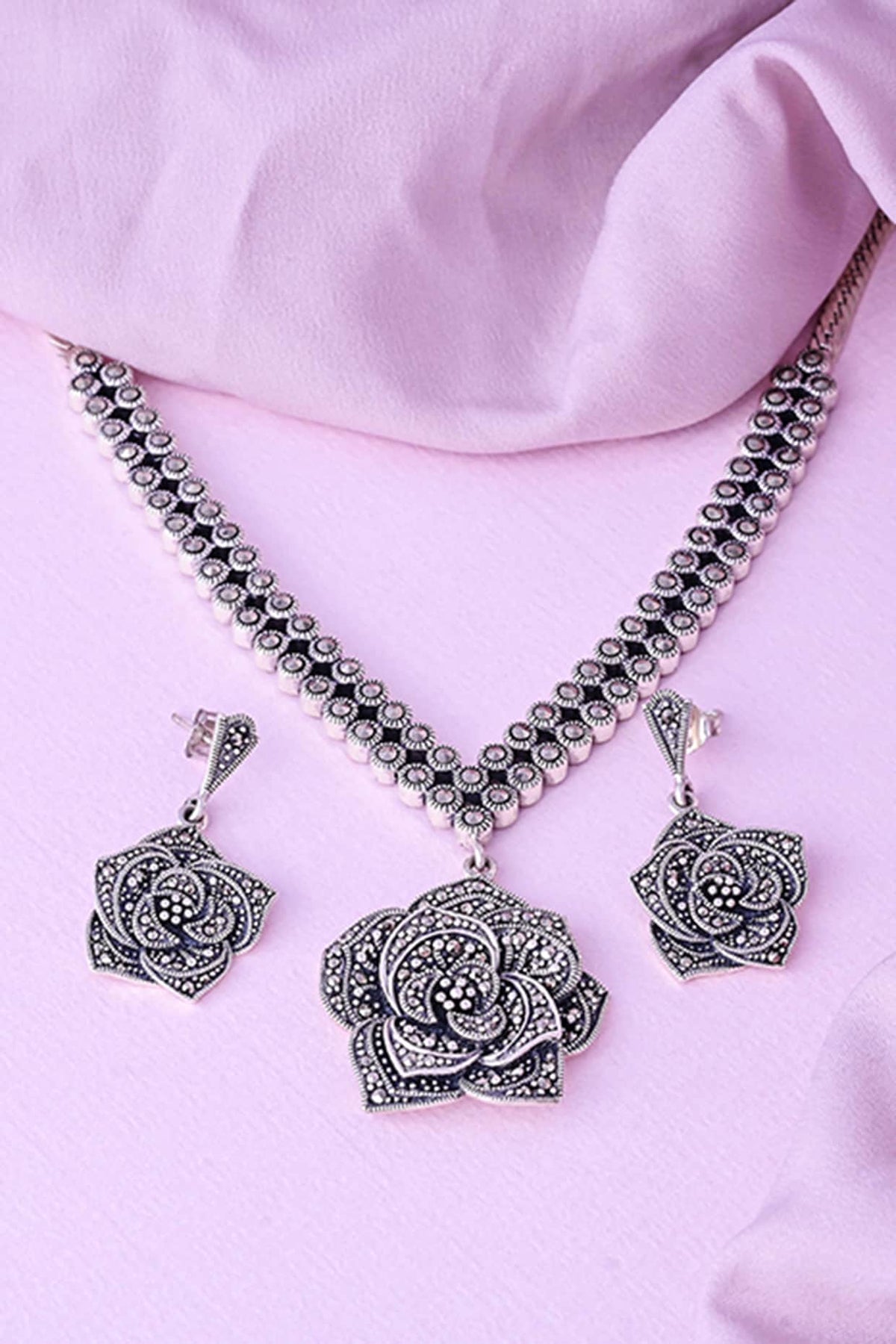 Silver Finish Cubic Zirconia Necklace Set In Sterling Silver