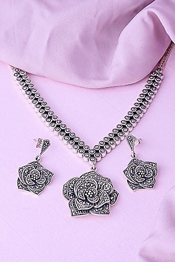 Silver Finish Cubic Zirconia Necklace Set In Sterling Silver