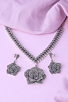 Silver Finish Cubic Zirconia Necklace Set In Sterling Silver