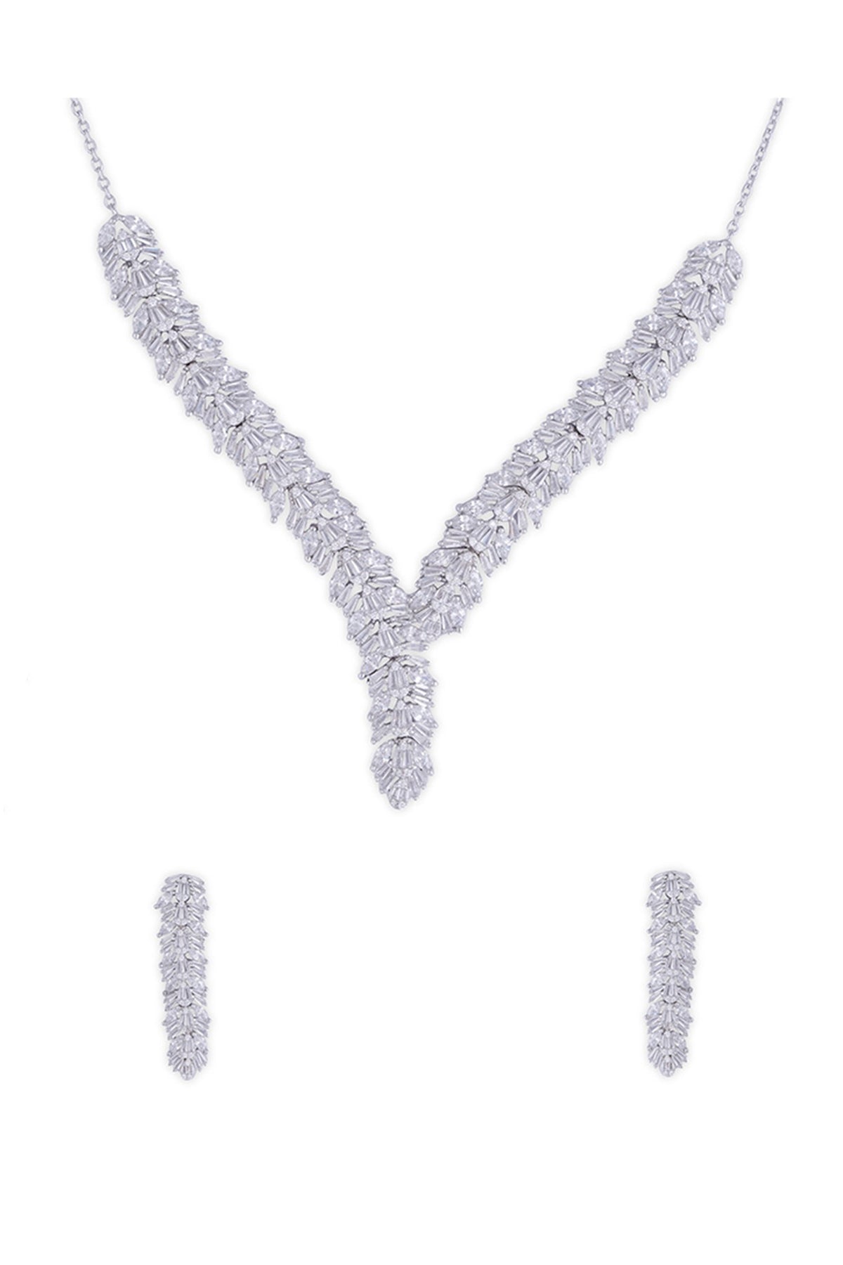 Silver Finish Cubic Zirconia Necklace Set In Sterling Silver